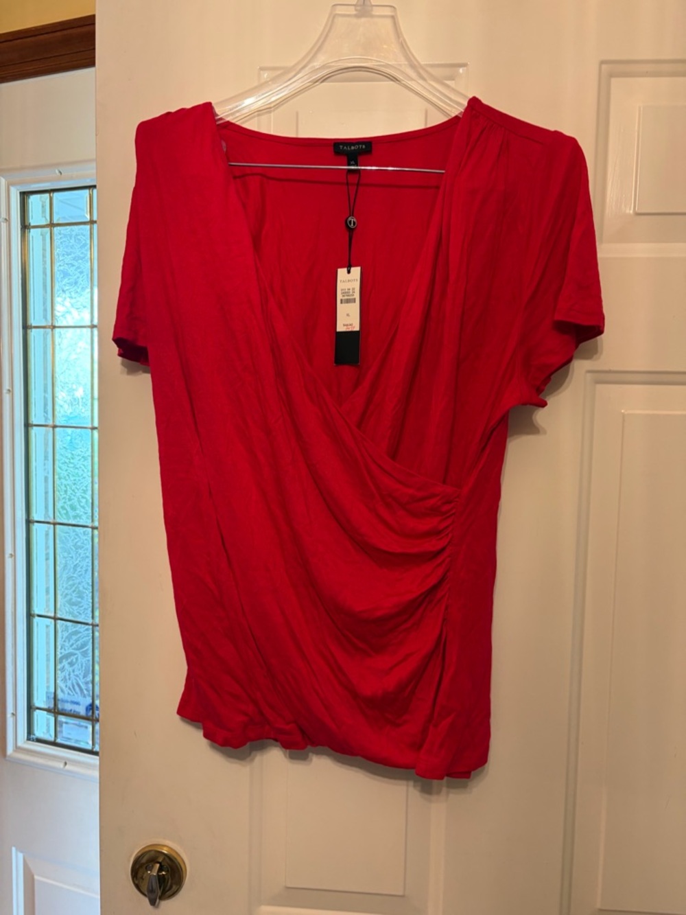 Talbots Red Draped V-Neck Short Sleeve Blouse